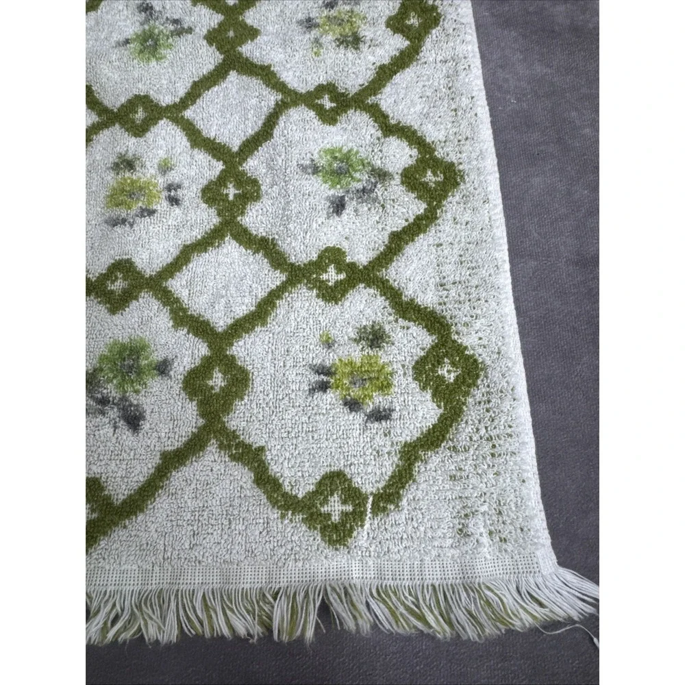 Fashion Manor  Green & White Vintage Floral Fringe‎ Towel Set Cotton Retro